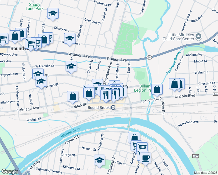 map of restaurants, bars, coffee shops, grocery stores, and more near 305 East 2nd Street in Bound Brook