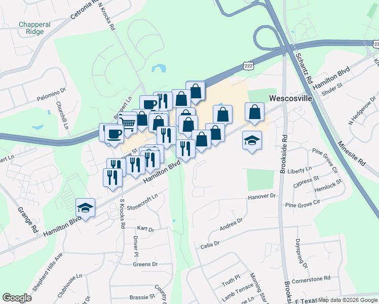 map of restaurants, bars, coffee shops, grocery stores, and more near 5330 Hamilton Boulevard in Wescosville