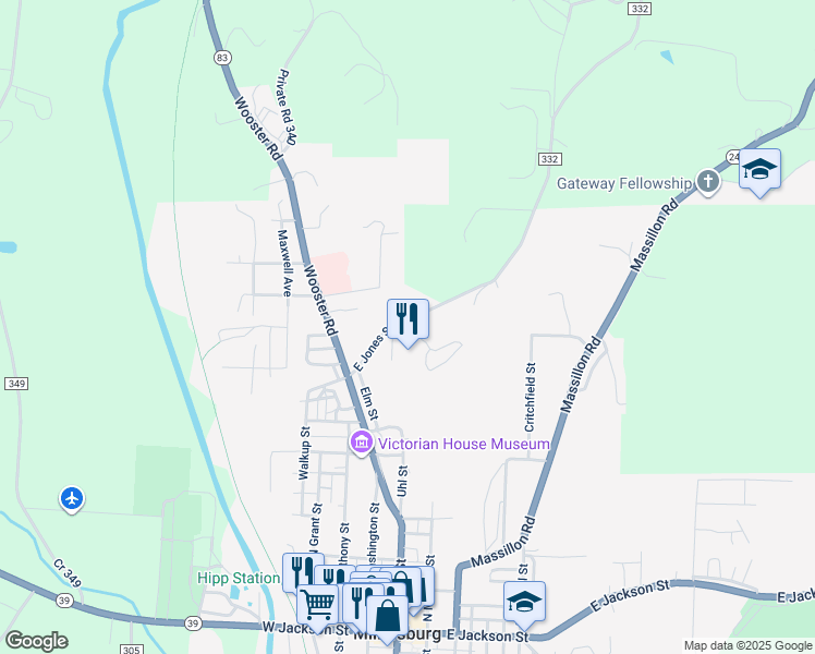 map of restaurants, bars, coffee shops, grocery stores, and more near 149 East Jones Street in Millersburg