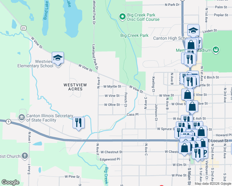 map of restaurants, bars, coffee shops, grocery stores, and more near 420-498 West Vine Street in Canton