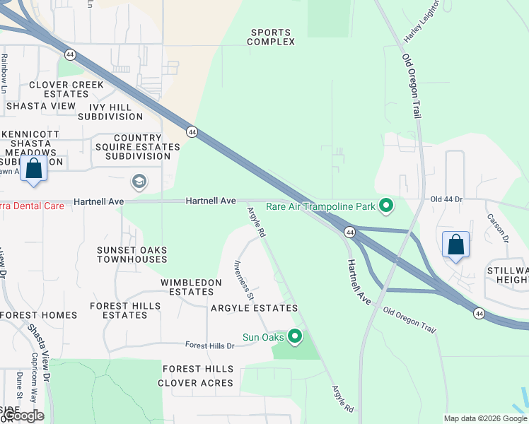map of restaurants, bars, coffee shops, grocery stores, and more near 3096 Argyle Road in Redding