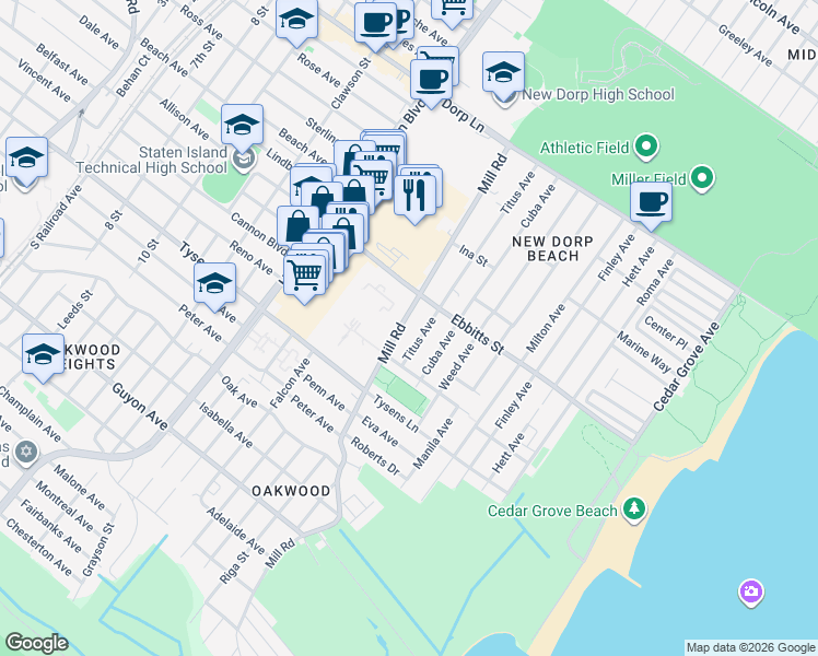 map of restaurants, bars, coffee shops, grocery stores, and more near 243 Titus Avenue in Staten Island
