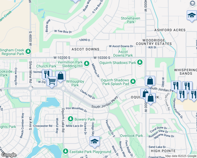 map of restaurants, bars, coffee shops, grocery stores, and more near 10342 Millerton Drive in South Jordan