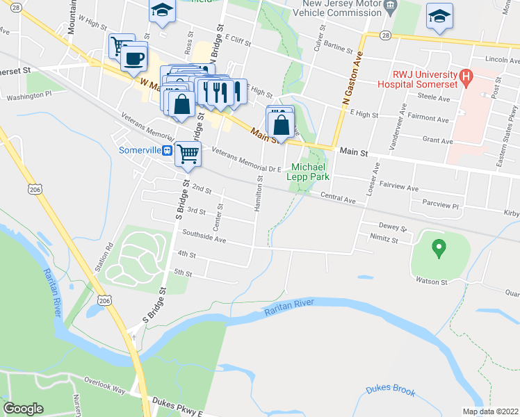 map of restaurants, bars, coffee shops, grocery stores, and more near 89 Hamilton Street in Somerville