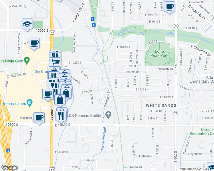 map of restaurants, bars, coffee shops, grocery stores, and more near 10334 South Beetdigger Boulevard in Sandy