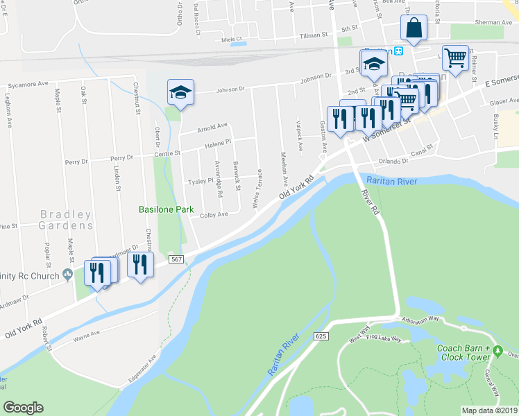 map of restaurants, bars, coffee shops, grocery stores, and more near 910 Old York Road in Raritan