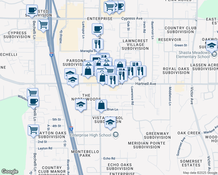 map of restaurants, bars, coffee shops, grocery stores, and more near 1073-1083 Hartnell Avenue in Redding