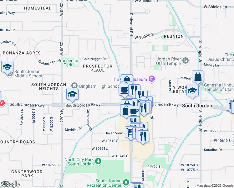 map of restaurants, bars, coffee shops, grocery stores, and more near 1812 South Jordan Parkway in South Jordan