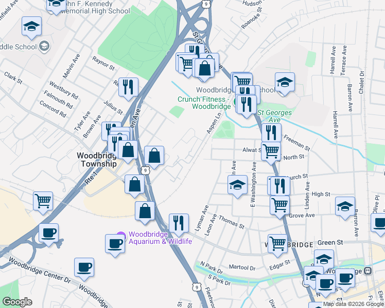 map of restaurants, bars, coffee shops, grocery stores, and more near 147 Overlook Court in Woodbridge Township