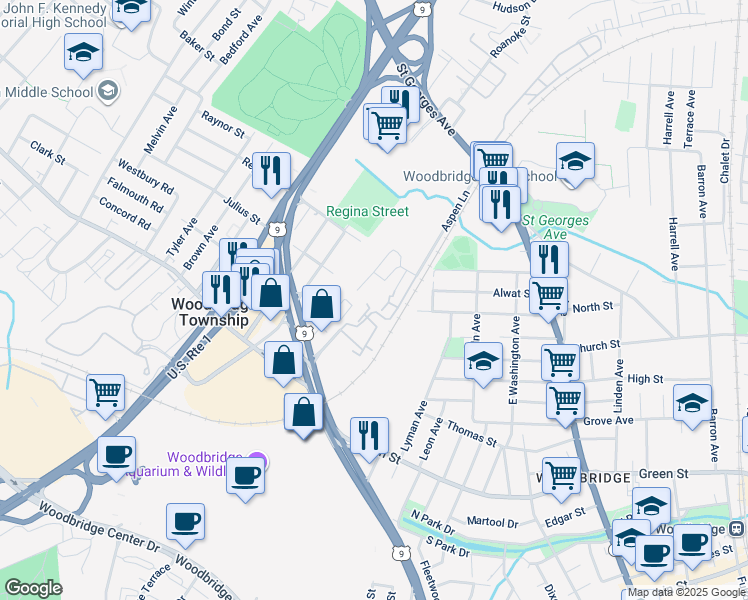 map of restaurants, bars, coffee shops, grocery stores, and more near 127 Keystone Court in Woodbridge Township