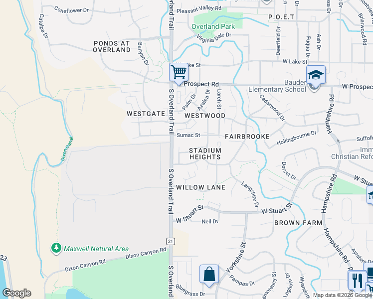 map of restaurants, bars, coffee shops, grocery stores, and more near 1925 Pecan Street in Fort Collins