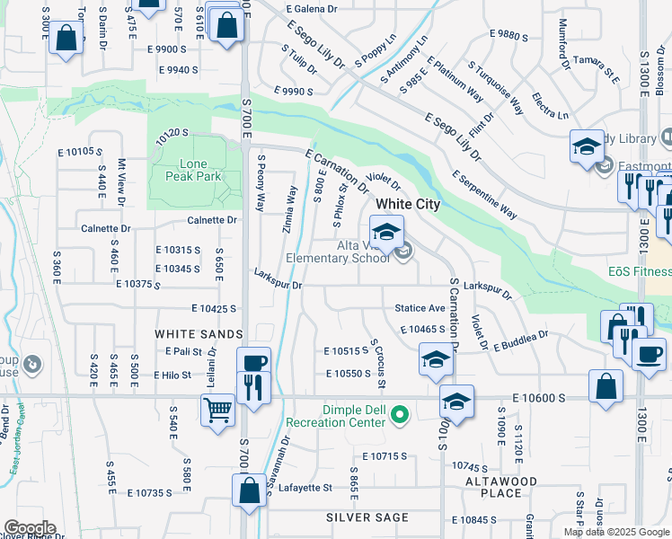 map of restaurants, bars, coffee shops, grocery stores, and more near 807 Larkspur Drive in Sandy