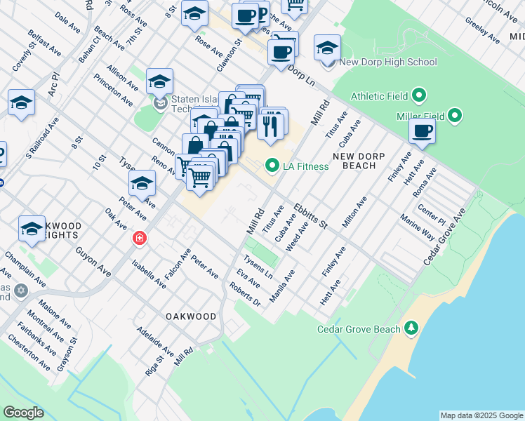 map of restaurants, bars, coffee shops, grocery stores, and more near 243 Titus Avenue in Staten Island