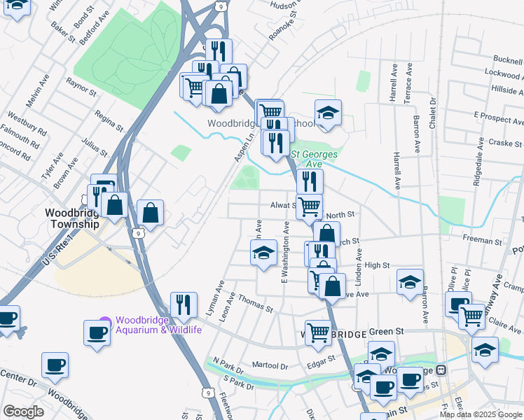 map of restaurants, bars, coffee shops, grocery stores, and more near 66 Willry Street in Woodbridge Township