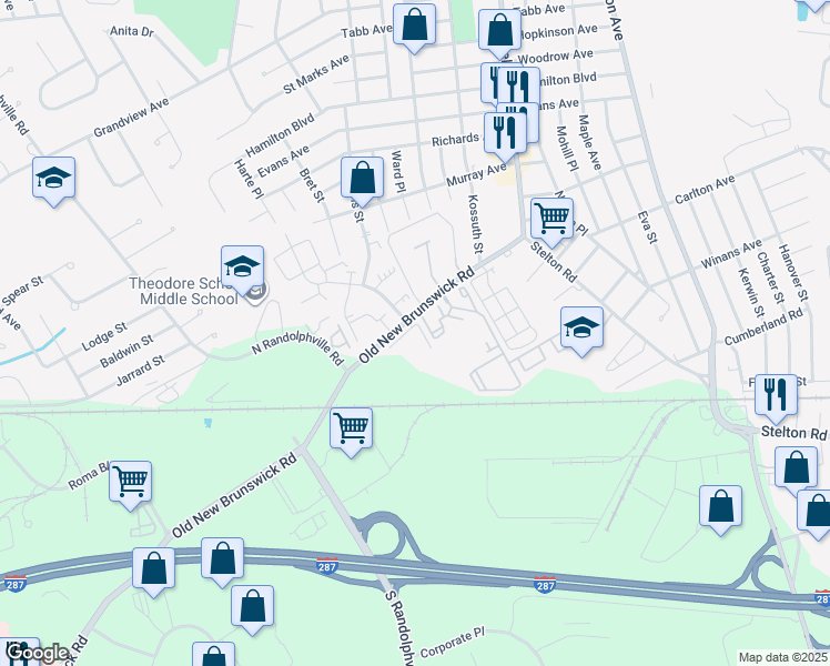 map of restaurants, bars, coffee shops, grocery stores, and more near 1203 Schindler Court in Piscataway