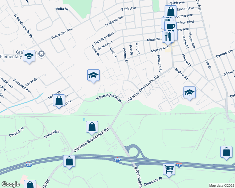 map of restaurants, bars, coffee shops, grocery stores, and more near 298 North Randolphville Road in Piscataway Township