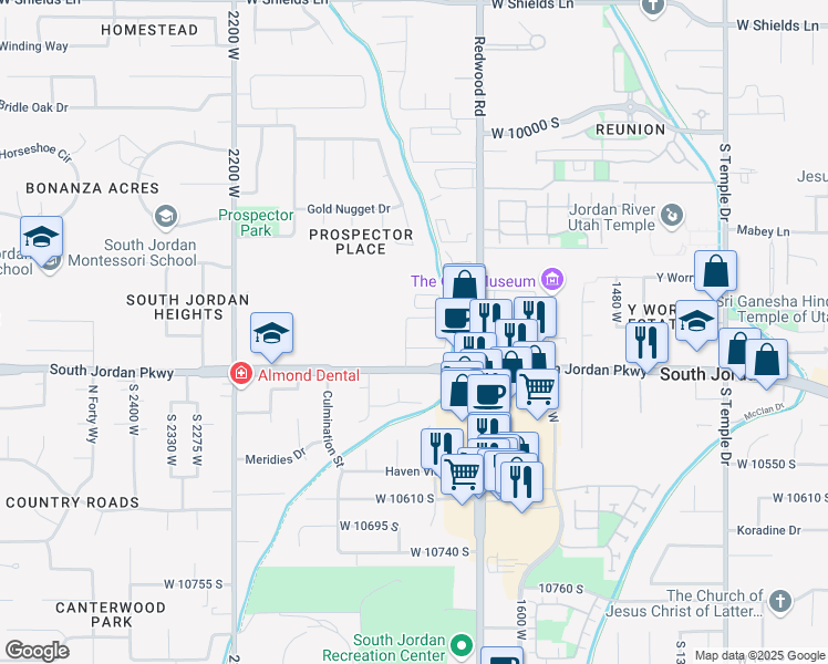 map of restaurants, bars, coffee shops, grocery stores, and more near 1844 South Jordan Parkway in South Jordan