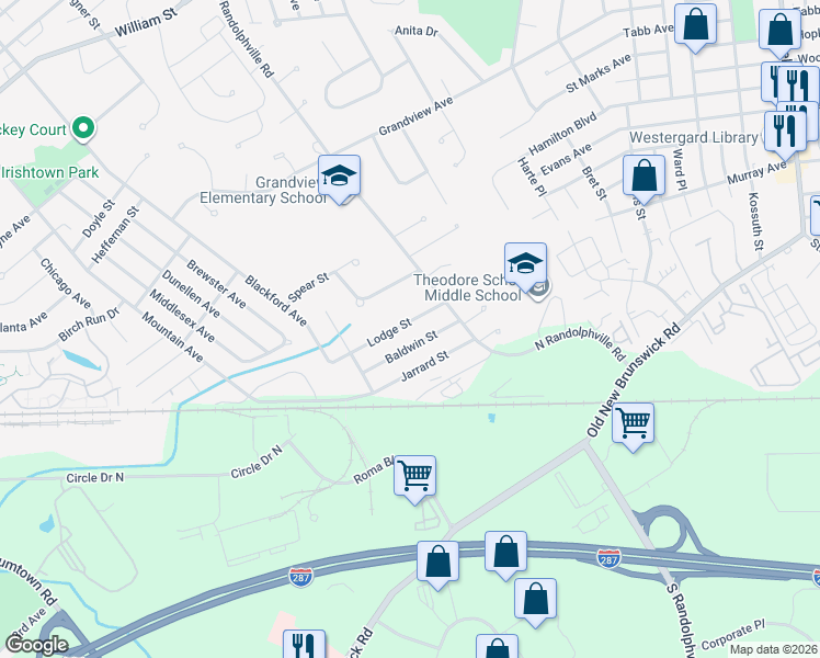 map of restaurants, bars, coffee shops, grocery stores, and more near 424 Lodge Street in Piscataway