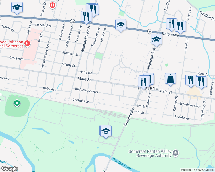 map of restaurants, bars, coffee shops, grocery stores, and more near 8 Shaw Avenue in Bridgewater Township