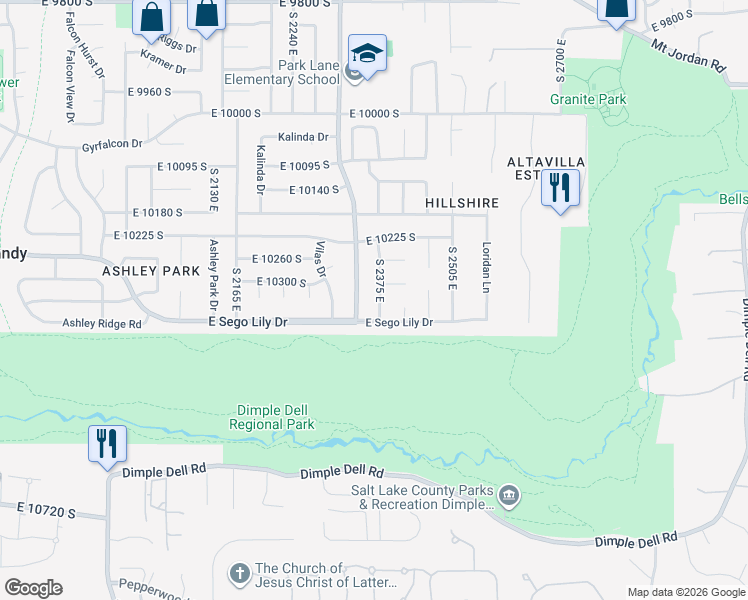 map of restaurants, bars, coffee shops, grocery stores, and more near 10375 Eastdell Drive in Sandy