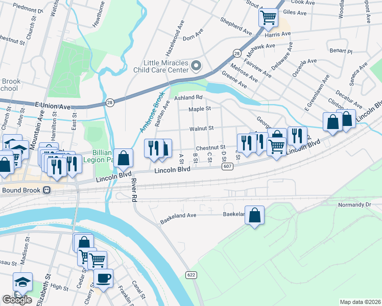 map of restaurants, bars, coffee shops, grocery stores, and more near 416 A Street in Middlesex
