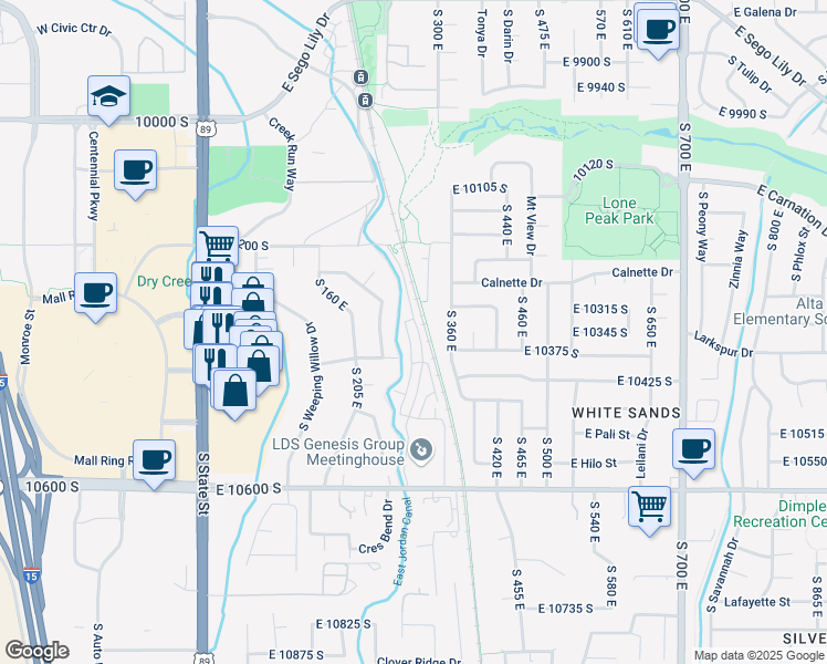 map of restaurants, bars, coffee shops, grocery stores, and more near 10334 South Beetdigger Boulevard in Sandy