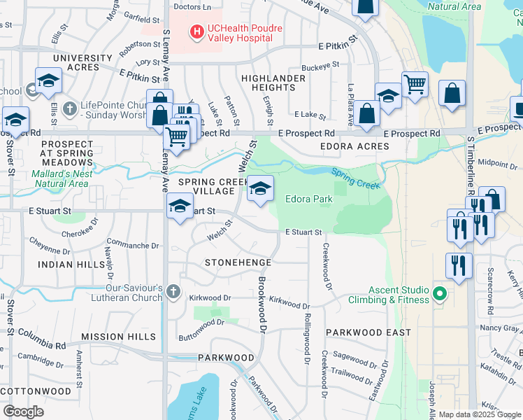map of restaurants, bars, coffee shops, grocery stores, and more near 1320 East Stuart Street in Fort Collins
