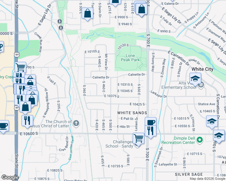 map of restaurants, bars, coffee shops, grocery stores, and more near 489 East 10375 South in Sandy