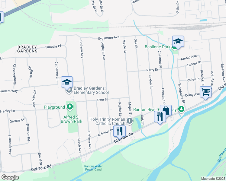 map of restaurants, bars, coffee shops, grocery stores, and more near 80 Pine Street in Bridgewater Township