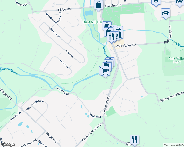 map of restaurants, bars, coffee shops, grocery stores, and more near 1747 Railroad Lane in Hellertown