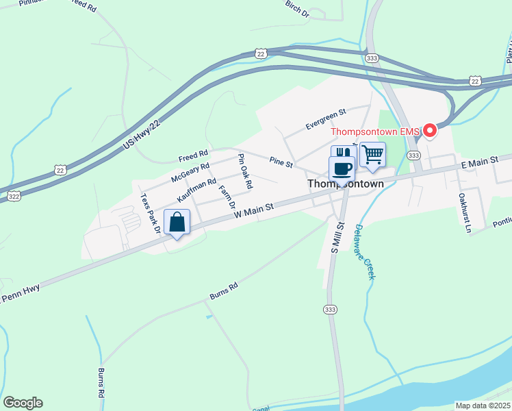 map of restaurants, bars, coffee shops, grocery stores, and more near 325 West Main Street in Thompsontown