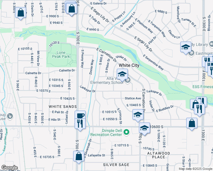 map of restaurants, bars, coffee shops, grocery stores, and more near 828 East Hibiscus Avenue in Sandy