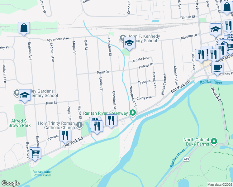 map of restaurants, bars, coffee shops, grocery stores, and more near 95 Chestnut Street in Bridgewater Township