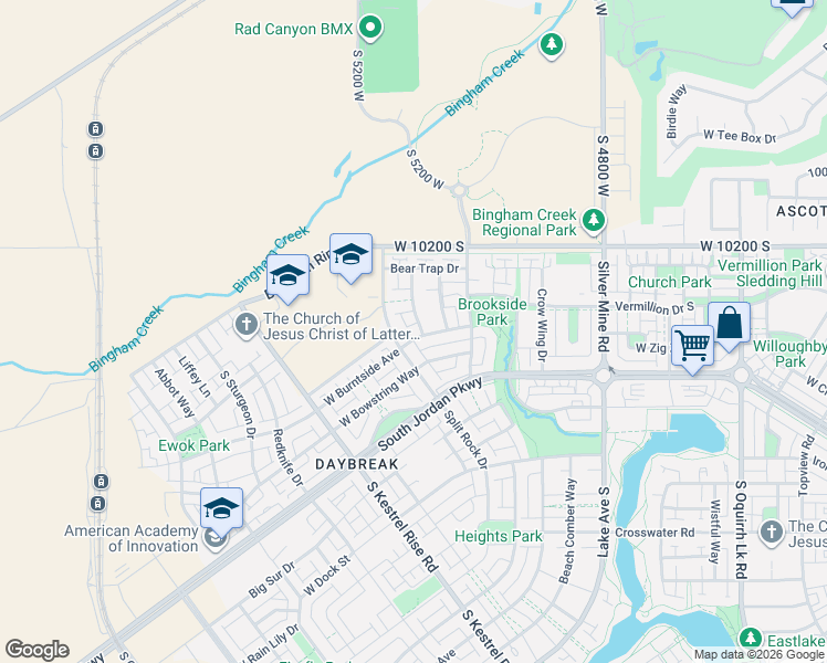 map of restaurants, bars, coffee shops, grocery stores, and more near 10367 South Split Rock Drive in South Jordan