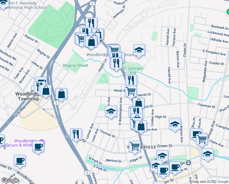 map of restaurants, bars, coffee shops, grocery stores, and more near 53 Alwat Street in Woodbridge Township