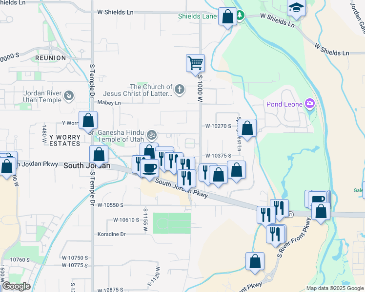 map of restaurants, bars, coffee shops, grocery stores, and more near 10338 Venenzia Hill Way in South Jordan