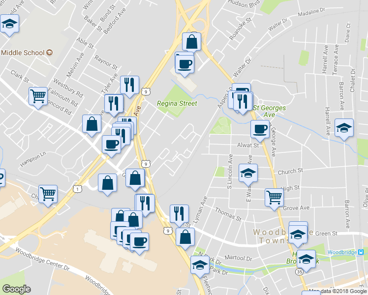map of restaurants, bars, coffee shops, grocery stores, and more near 10 Aspen Lane in Woodbridge Township