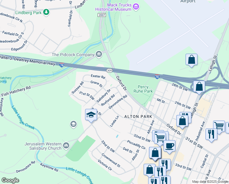 map of restaurants, bars, coffee shops, grocery stores, and more near 3055 Roxford Road in Allentown