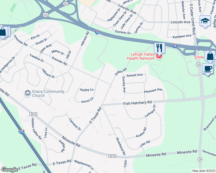 map of restaurants, bars, coffee shops, grocery stores, and more near 4045 East Texas Road in Allentown