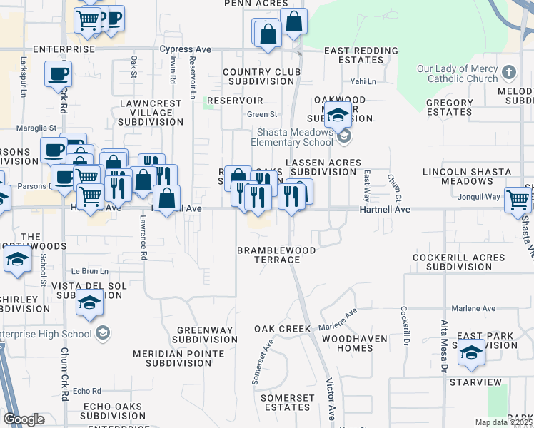 map of restaurants, bars, coffee shops, grocery stores, and more near 1649 Hartnell Avenue in Redding