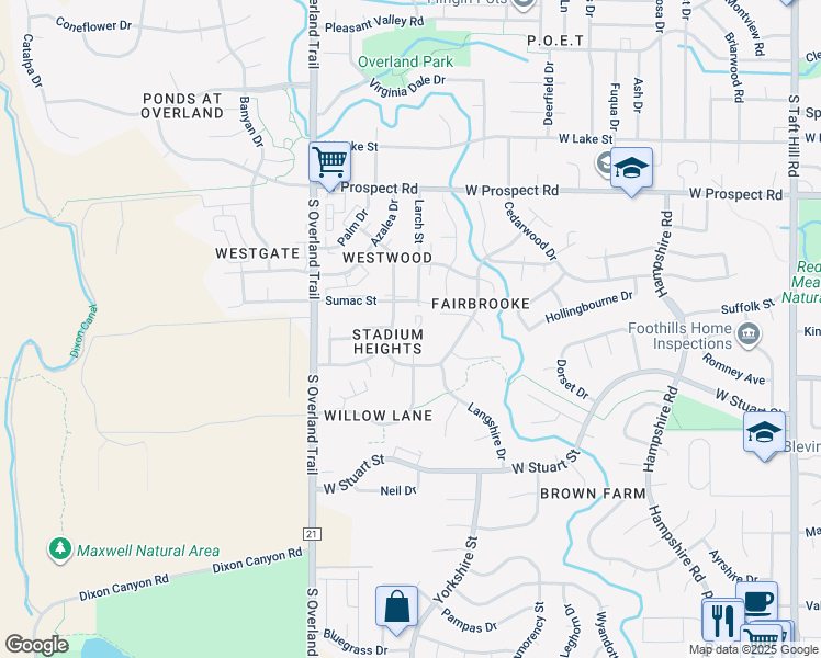 map of restaurants, bars, coffee shops, grocery stores, and more near 1925 Ross Court in Fort Collins