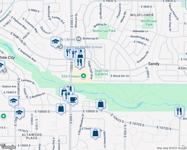 map of restaurants, bars, coffee shops, grocery stores, and more near 1423 Edgecliff Drive in Sandy