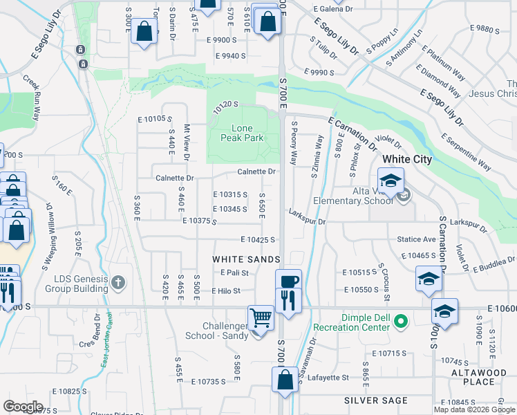 map of restaurants, bars, coffee shops, grocery stores, and more near 10376 Leilani Drive in Sandy