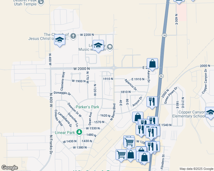map of restaurants, bars, coffee shops, grocery stores, and more near 1837 North Berra Boulevard in Tooele