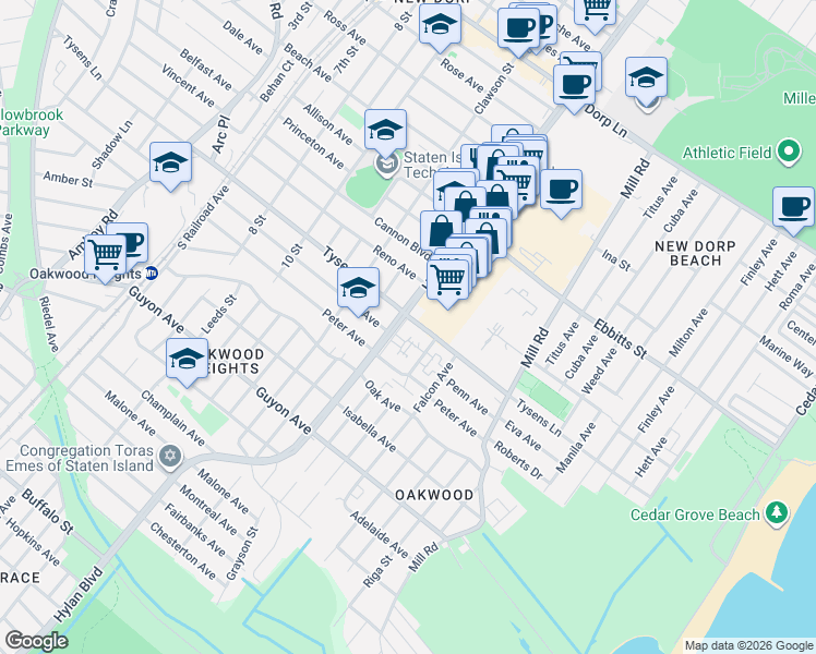 map of restaurants, bars, coffee shops, grocery stores, and more near 2854 Hylan Boulevard in Staten Island