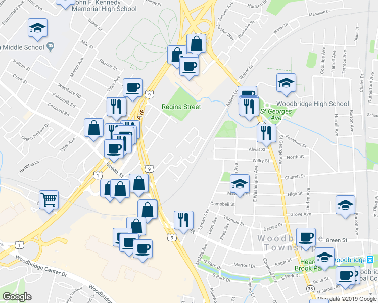 map of restaurants, bars, coffee shops, grocery stores, and more near 10 Aspen Lane in Woodbridge Township