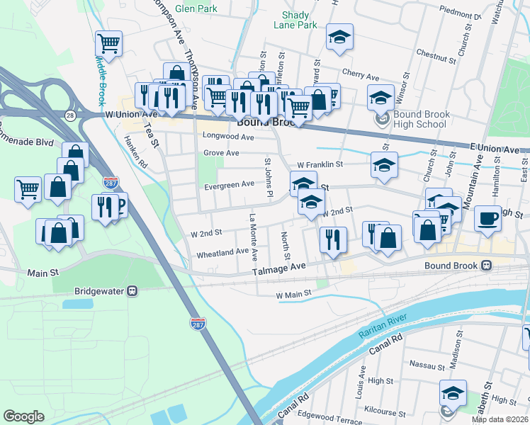 map of restaurants, bars, coffee shops, grocery stores, and more near 374 West 2nd Street in Bound Brook