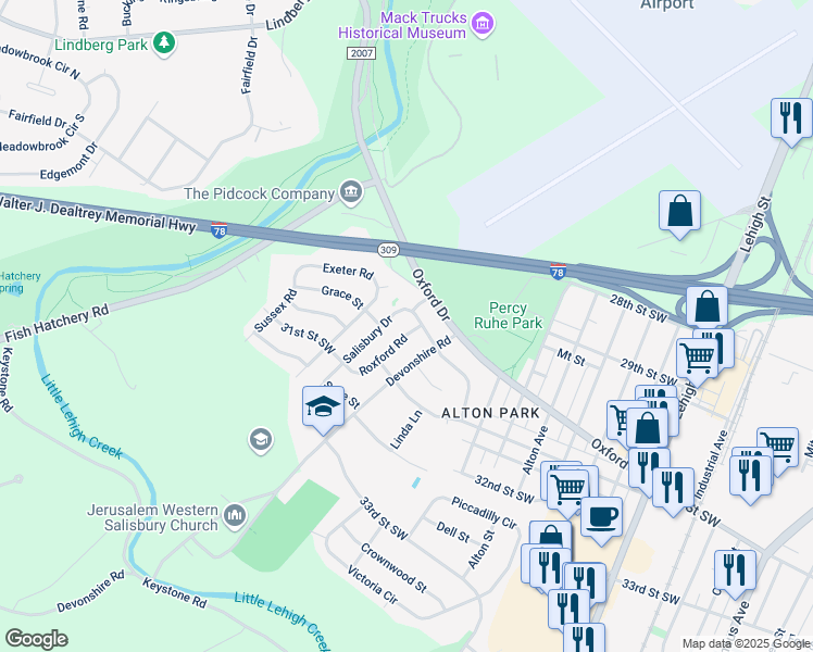 map of restaurants, bars, coffee shops, grocery stores, and more near 3055 Roxford Road in Allentown