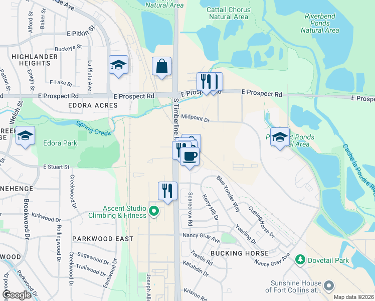 map of restaurants, bars, coffee shops, grocery stores, and more near 1908 South Timberline Road in Fort Collins
