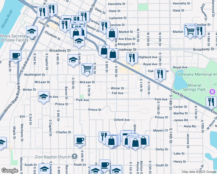 map of restaurants, bars, coffee shops, grocery stores, and more near Fall Avenue in Pekin